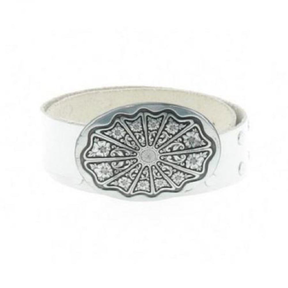 White belt with silver floral buckle